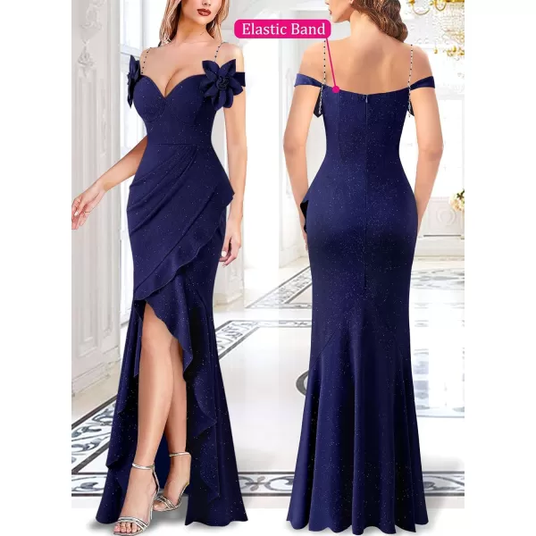 VFSHOW Womens Formal Spaghetti Strap Cold Shoulder Ruched Ruffle Slit Maxi Dress Sexy Sweetheart 3D Flower Prom Evening GownSparkly Navy Blue