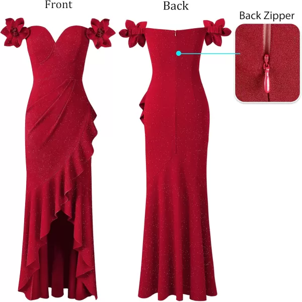 VFSHOW Womens Formal Spaghetti Strap Cold Shoulder Ruched Ruffle Slit Maxi Dress Sexy Sweetheart 3D Flower Prom Evening GownSparkly Red