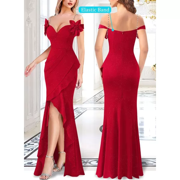 VFSHOW Womens Formal Spaghetti Strap Cold Shoulder Ruched Ruffle Slit Maxi Dress Sexy Sweetheart 3D Flower Prom Evening GownSparkly Red2