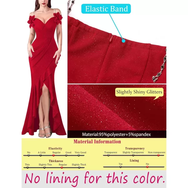 VFSHOW Womens Formal Spaghetti Strap Cold Shoulder Ruched Ruffle Slit Maxi Dress Sexy Sweetheart 3D Flower Prom Evening GownSparkly Red2