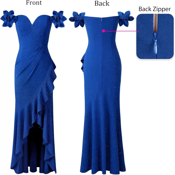 VFSHOW Womens Formal Spaghetti Strap Cold Shoulder Ruched Ruffle Slit Maxi Dress Sexy Sweetheart 3D Flower Prom Evening GownSparkly Royal Blue