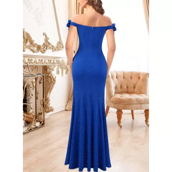 VFSHOW Womens Formal Spaghetti Strap Cold Shoulder Ruched Ruffle Slit Maxi Dress Sexy Sweetheart 3D Flower Prom Evening GownSparkly Royal Blue