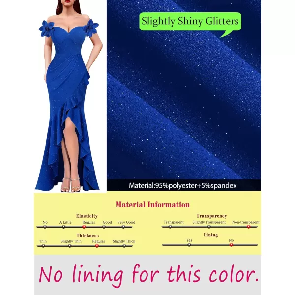 VFSHOW Womens Formal Spaghetti Strap Cold Shoulder Ruched Ruffle Slit Maxi Dress Sexy Sweetheart 3D Flower Prom Evening GownSparkly Royal Blue