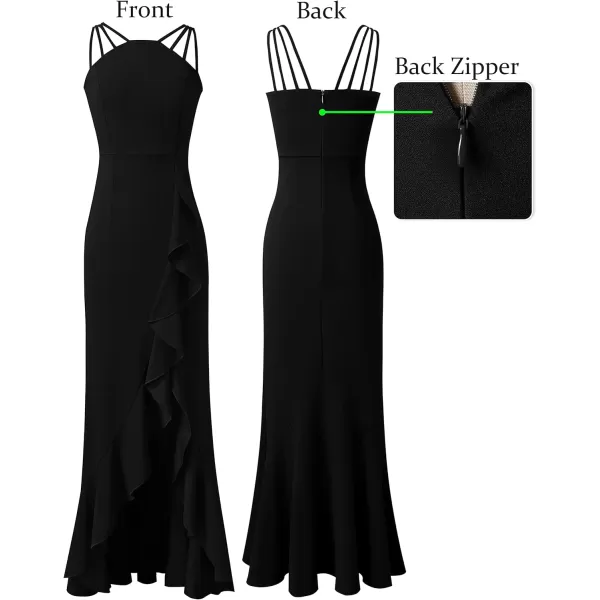 VFSHOW Womens Formal Spaghetti Strap Ruffles Split Mermaid Evening Prom Maxi DressBlack