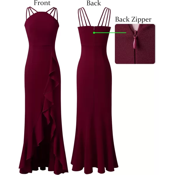 VFSHOW Womens Formal Spaghetti Strap Ruffles Split Mermaid Evening Prom Maxi DressBurgundy
