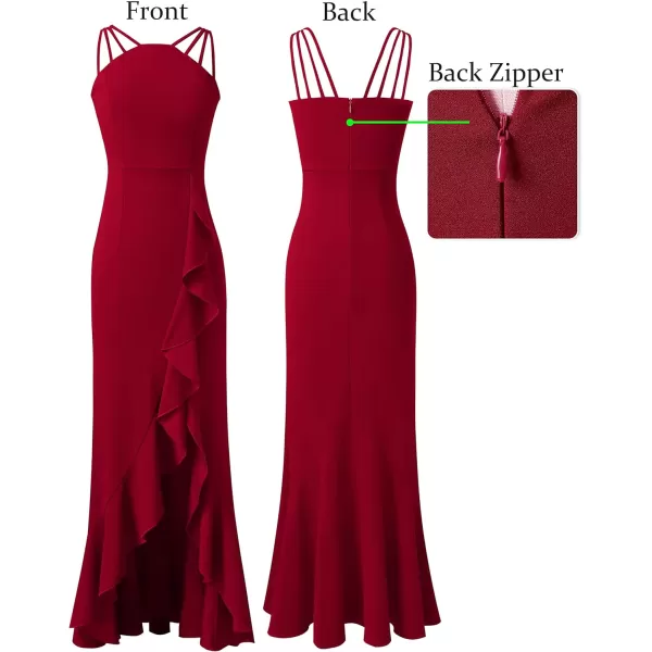 VFSHOW Womens Formal Spaghetti Strap Ruffles Split Mermaid Evening Prom Maxi DressRed