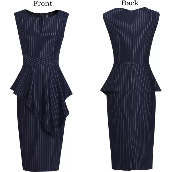 VFSHOW Womens Front Zipper Asymmetrical Peplum Work Business Office Bodycon DressBlue Striped With Asymmetric Peplum