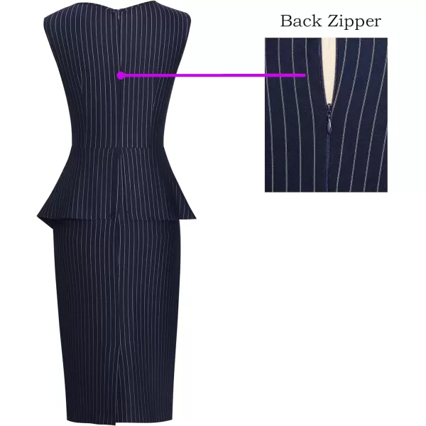 VFSHOW Womens Front Zipper Asymmetrical Peplum Work Business Office Bodycon DressBlue Striped With Asymmetric Peplum