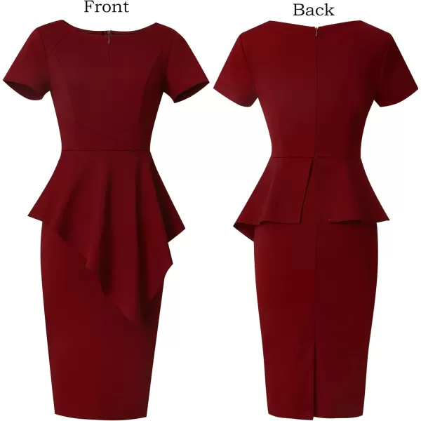 VFSHOW Womens Front Zipper Asymmetrical Peplum Work Business Office Bodycon DressDark Red Asymmetrical Peplum