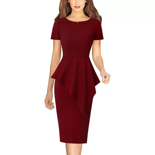 VFSHOW Womens Front Zipper Asymmetrical Peplum Work Business Office Bodycon DressDark Red Asymmetrical Peplum