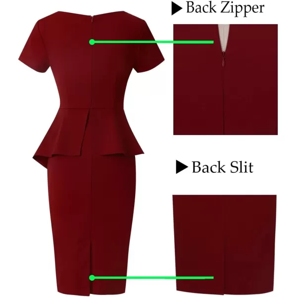 VFSHOW Womens Front Zipper Asymmetrical Peplum Work Business Office Bodycon DressDark Red Asymmetrical Peplum