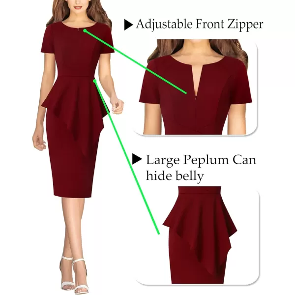 VFSHOW Womens Front Zipper Asymmetrical Peplum Work Business Office Bodycon DressDark Red Asymmetrical Peplum