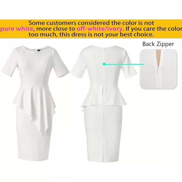 VFSHOW Womens Front Zipper Asymmetrical Peplum Work Business Office Bodycon DressOff White Asymmetrical Peplum