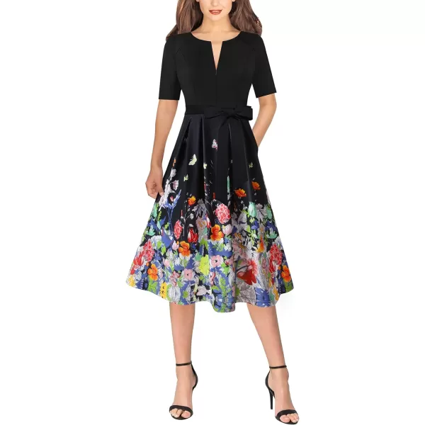 VFSHOW Womens Front Zipper Belted Patchwork Work Business Cocktail Party Casual ALine DressBlack  Multi Floral Print9