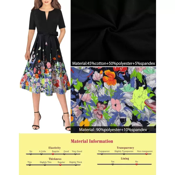 VFSHOW Womens Front Zipper Belted Patchwork Work Business Cocktail Party Casual ALine DressBlack  Multi Floral Print9