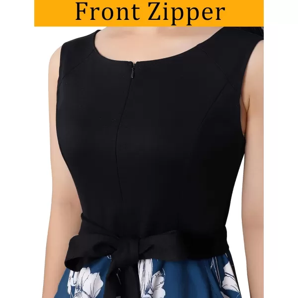 VFSHOW Womens Front Zipper Belted Patchwork Work Business Cocktail Party Casual ALine DressBlack and Blue Floral Print