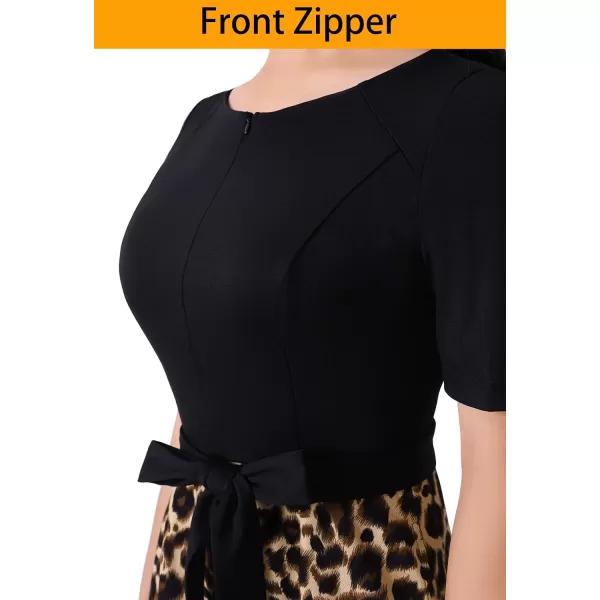 VFSHOW Womens Front Zipper Belted Patchwork Work Business Cocktail Party Casual ALine DressBlack and Leopard Print