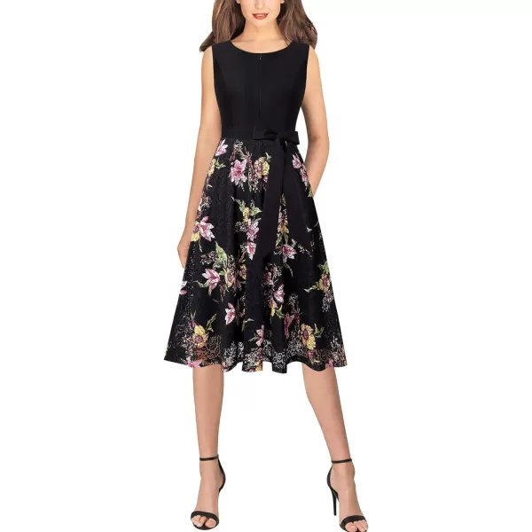 VFSHOW Womens Front Zipper Belted Patchwork Work Business Cocktail Party Casual ALine DressBlackblack Floral Print Lace Midi