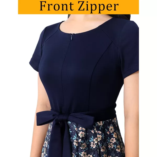 VFSHOW Womens Front Zipper Belted Patchwork Work Business Cocktail Party Casual ALine DressBlue and Multi Floral Print