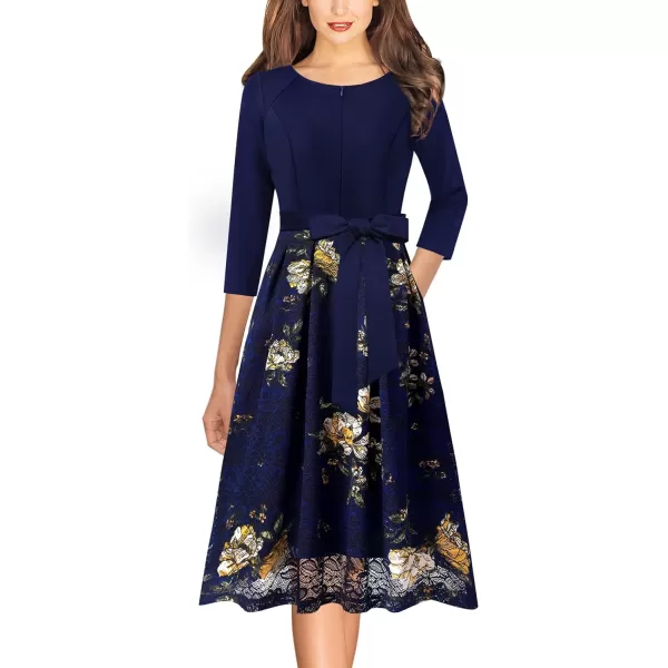 VFSHOW Womens Front Zipper Belted Patchwork Work Business Cocktail Party Casual ALine DressNavy Blue and Floral Print Lace