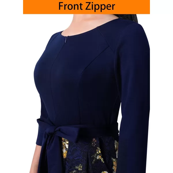 VFSHOW Womens Front Zipper Belted Patchwork Work Business Cocktail Party Casual ALine DressNavy Blue and Floral Print Lace