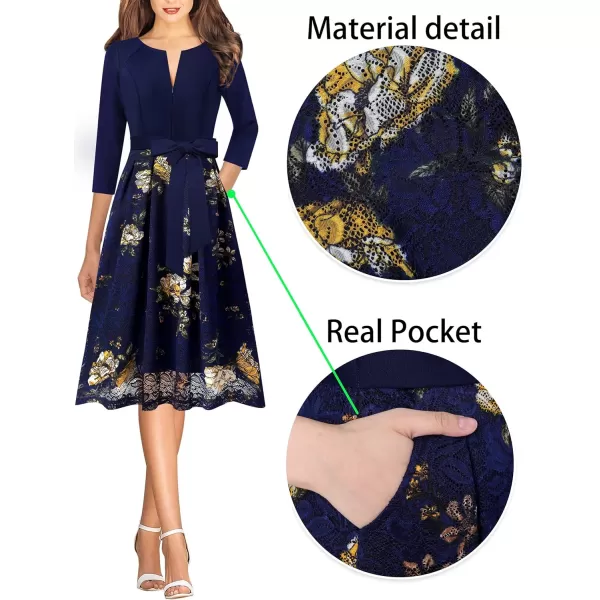 VFSHOW Womens Front Zipper Belted Patchwork Work Business Cocktail Party Casual ALine DressNavy Blue and Floral Print Lace