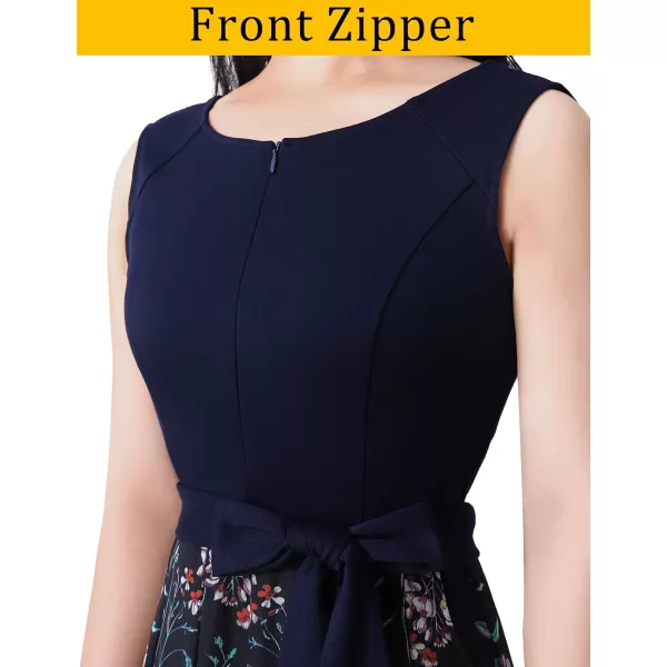 VFSHOW Womens Front Zipper Belted Patchwork Work Business Cocktail Party Casual ALine DressNavy Blue and Multi Floral Print3