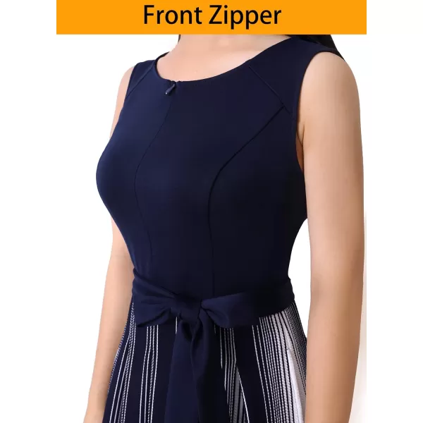 VFSHOW Womens Front Zipper Belted Patchwork Work Business Cocktail Party Casual ALine DressNavy and White Stripe