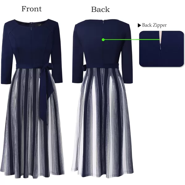 VFSHOW Womens Front Zipper Belted Patchwork Work Business Cocktail Party Casual ALine DressNavy and White Stripes2