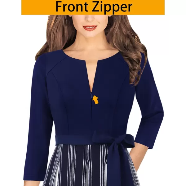 VFSHOW Womens Front Zipper Belted Patchwork Work Business Cocktail Party Casual ALine DressNavy and White Stripes2