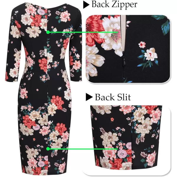 VFSHOW Womens Front Zipper Lace Cocktail Patchwork Work Business Party Pencil DressBlack Multi Floral Print