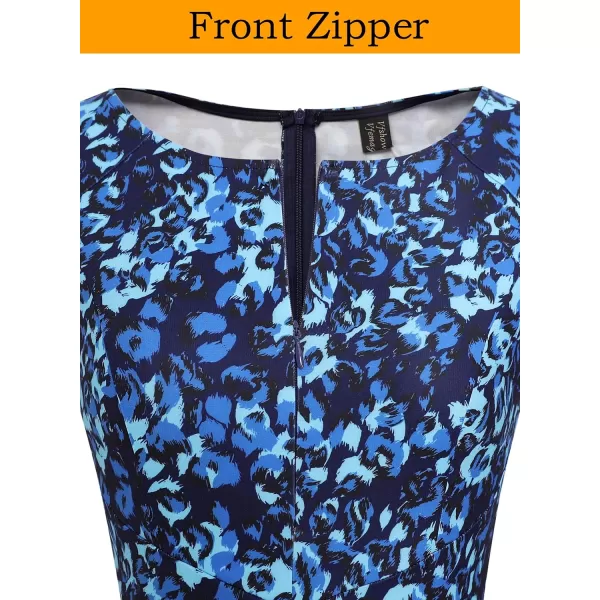 VFSHOW Womens Front Zipper Lace Cocktail Patchwork Work Business Party Pencil DressBlue Leopard Print