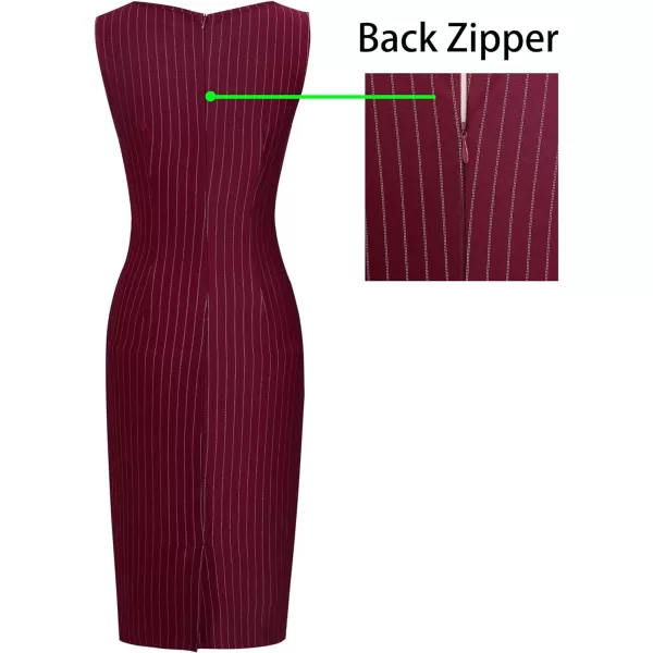 VFSHOW Womens Front Zipper Lace Cocktail Patchwork Work Business Party Pencil DressDark Red White Stripes2