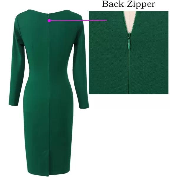 VFSHOW Womens Front Zipper Lace Cocktail Patchwork Work Business Party Pencil DressGreen Long Sleeve