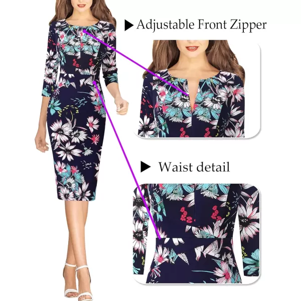 VFSHOW Womens Front Zipper Lace Cocktail Patchwork Work Business Party Pencil DressNavy Blue Multi Floral Print