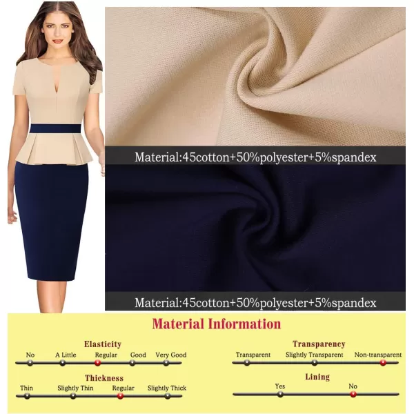 VFSHOW Womens Front Zipper Peplum Work Business Office Bodycon Pencil Sheath DressBeige and Dark Blue With Peplum