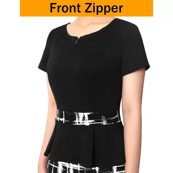 VFSHOW Womens Front Zipper Peplum Work Business Office Bodycon Pencil Sheath DressBlack  Geometric Printed