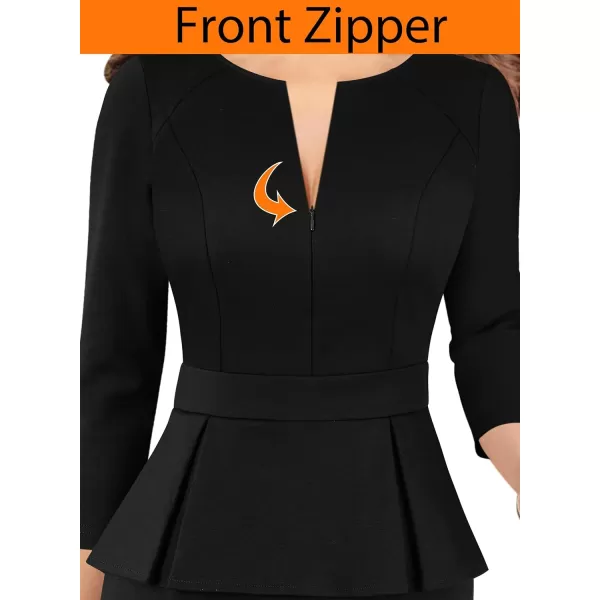 VFSHOW Womens Front Zipper Peplum Work Business Office Bodycon Pencil Sheath DressBlack 34 Sleeve