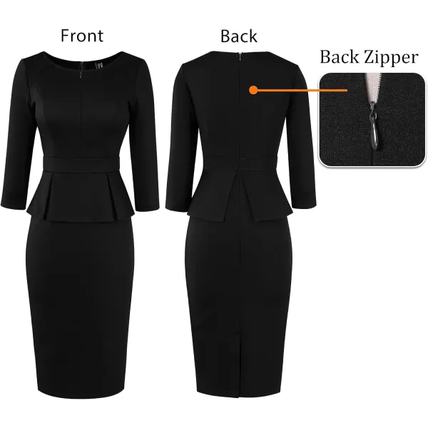 VFSHOW Womens Front Zipper Peplum Work Business Office Bodycon Pencil Sheath DressBlack 34 Sleeve