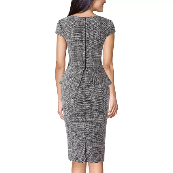 VFSHOW Womens Front Zipper Peplum Work Business Office Bodycon Pencil Sheath DressBlack Tweed Cap Sleeves