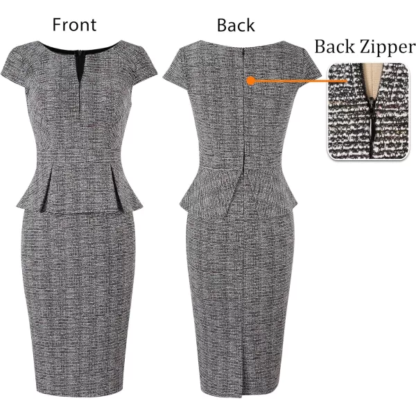 VFSHOW Womens Front Zipper Peplum Work Business Office Bodycon Pencil Sheath DressBlack Tweed Cap Sleeves