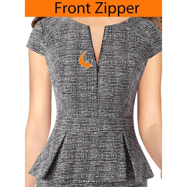 VFSHOW Womens Front Zipper Peplum Work Business Office Bodycon Pencil Sheath DressBlack Tweed Cap Sleeves