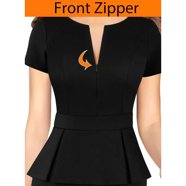 VFSHOW Womens Front Zipper Peplum Work Business Office Bodycon Pencil Sheath DressBlackshort Sleeve