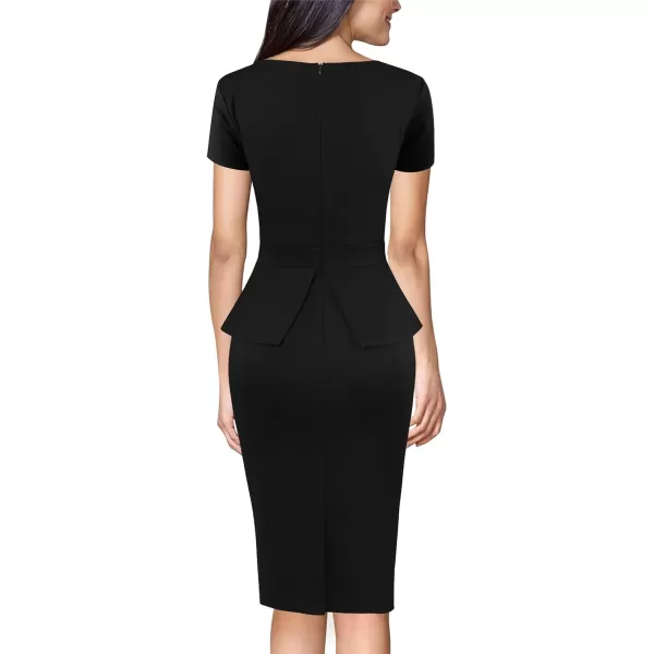 VFSHOW Womens Front Zipper Peplum Work Business Office Bodycon Pencil Sheath DressBlackshort Sleeve