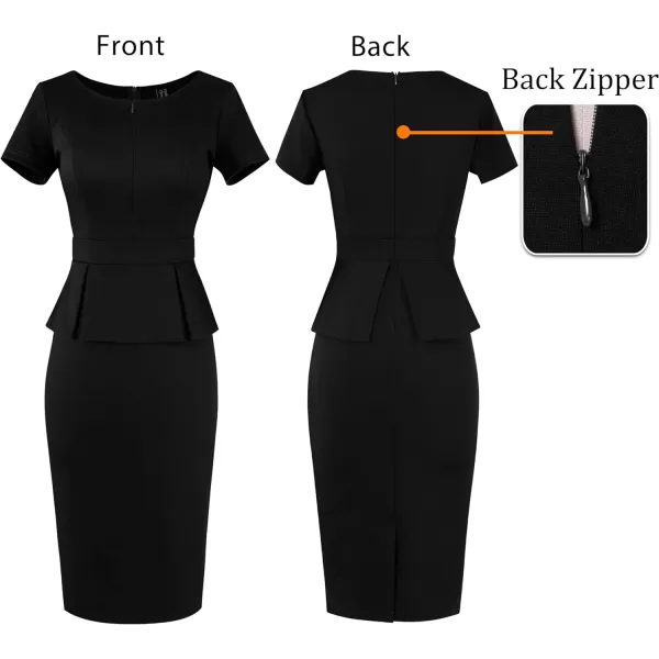 VFSHOW Womens Front Zipper Peplum Work Business Office Bodycon Pencil Sheath DressBlackshort Sleeve