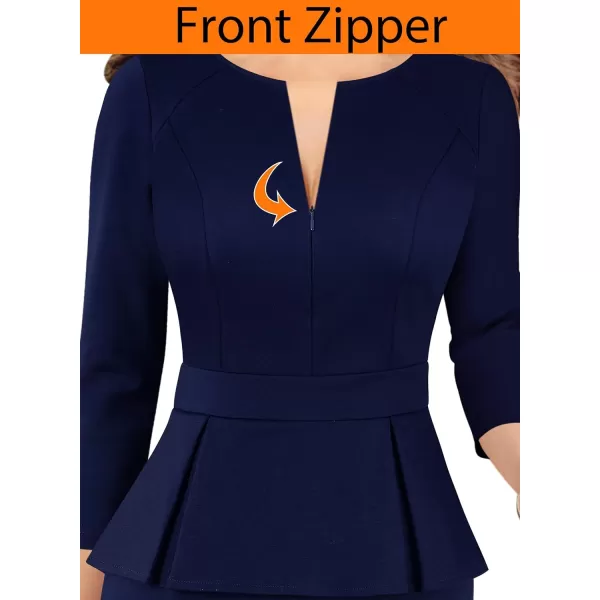 VFSHOW Womens Front Zipper Peplum Work Business Office Bodycon Pencil Sheath DressDark Blue 34 Sleeve