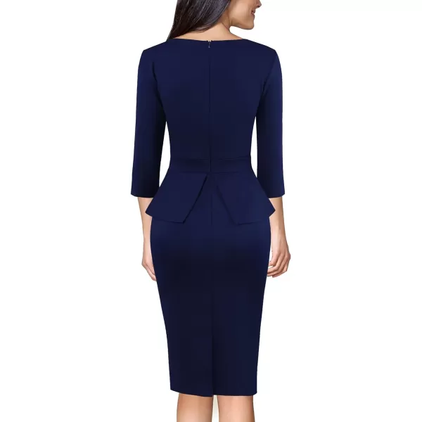 VFSHOW Womens Front Zipper Peplum Work Business Office Bodycon Pencil Sheath DressDark Blue 34 Sleeve