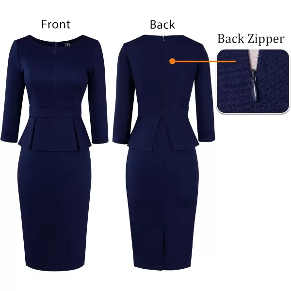 VFSHOW Womens Front Zipper Peplum Work Business Office Bodycon Pencil Sheath DressDark Blue 34 Sleeve