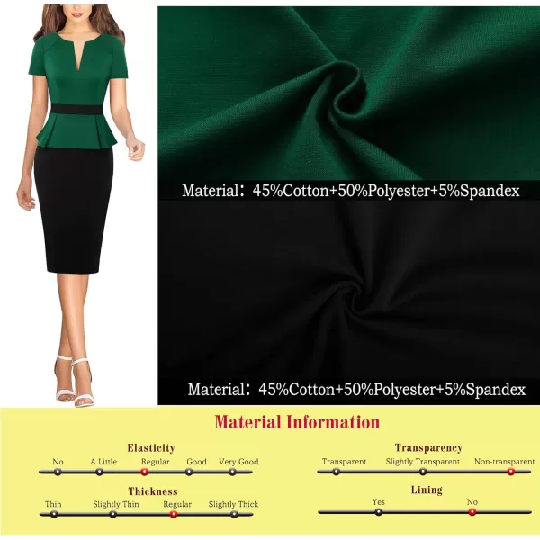 VFSHOW Womens Front Zipper Peplum Work Business Office Bodycon Pencil Sheath DressGreen and Black With Peplum2