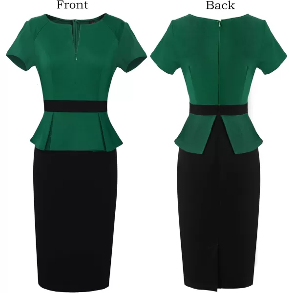 VFSHOW Womens Front Zipper Peplum Work Business Office Bodycon Pencil Sheath DressGreen and Black With Peplum2